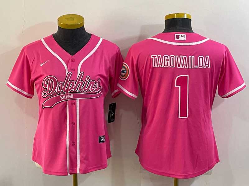 Womens Miami Dolphins #1 Tua Tagovailoa Pink With Patch Cool Base Stitched Baseball Jersey